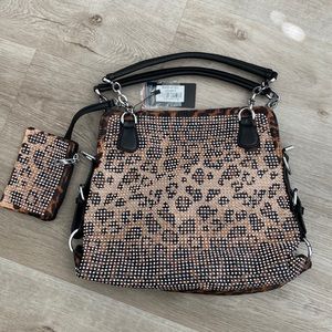Leopard Print Rhinestone Covered Accessorized Tote